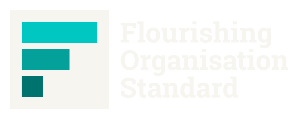 Flourishing Organisation Standard logo with teal stepped bars forming an F and cream text, for dark backgrounds